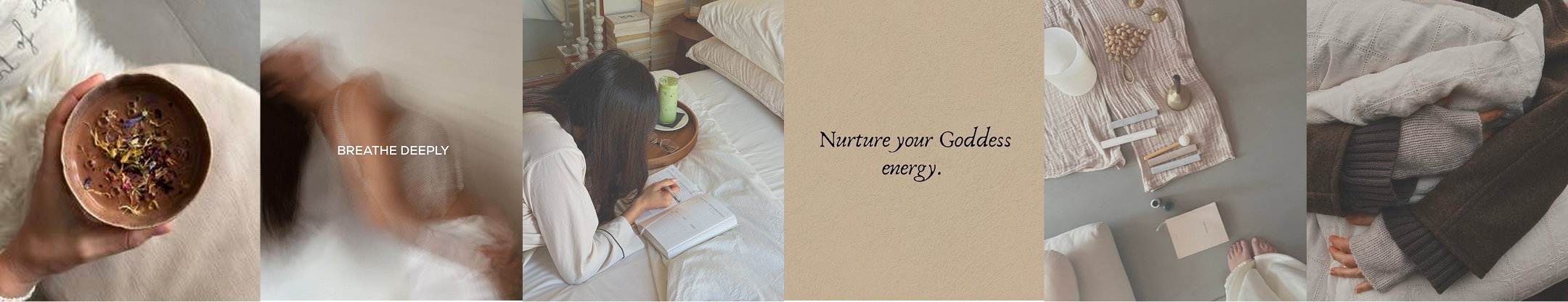 Slow Sunday Reset moodboard with cacao, breathwork, journaling and rest