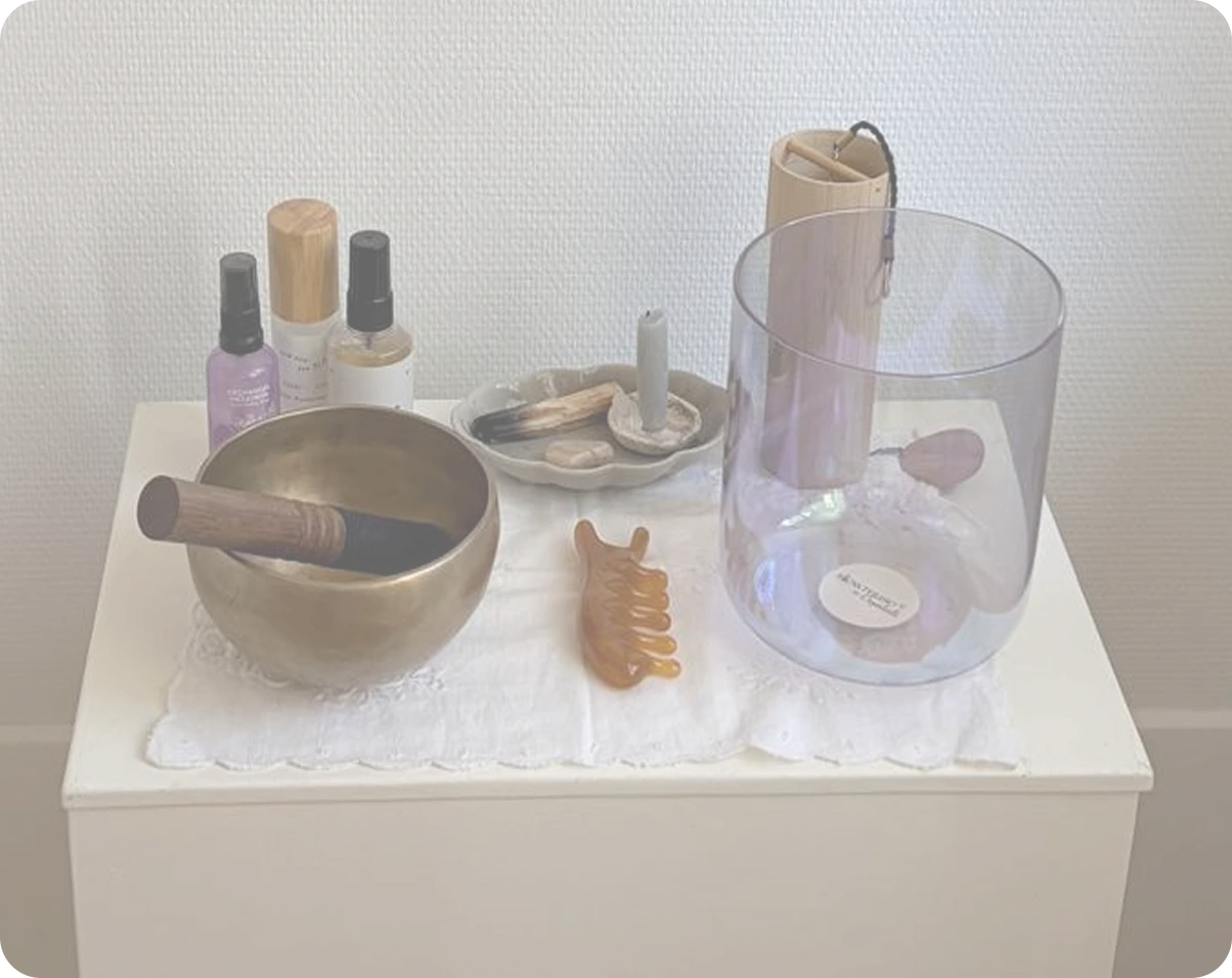Singing bowls, aromatic sprays, gua sha and other treatment tools